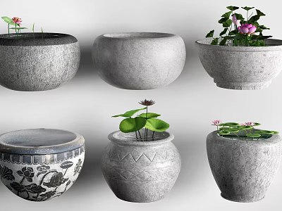 Unique Garden Decorative Planters With Lotus Plants And Textured Ceramic Designs 3d model