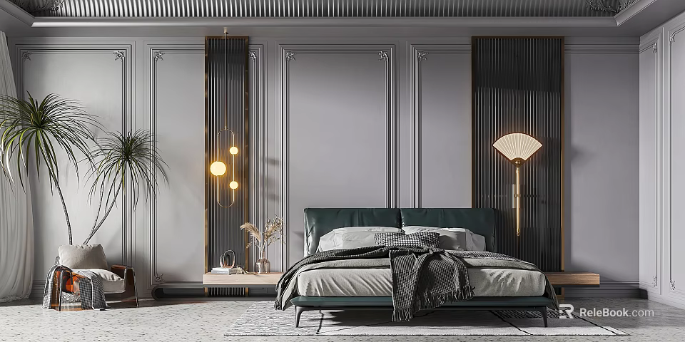 Elegant Modern Bedroom Interior With Paneled Walls Dark Green Headboard And Pendant Lights 3d model 