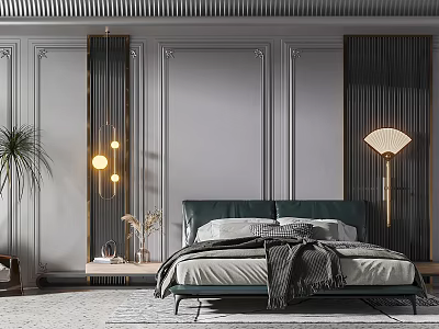 Elegant Modern Bedroom Interior With Paneled Walls Dark Green Headboard And Pendant Lights 3d model