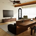 Modern Living Dining Room Interior With Black Leather Sofa Wooden Ceiling Fan And Patterned Area Rug