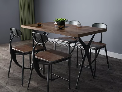 Brown Wooden Dining Table Set With Black Metal Frame Chairs And Green Plant 3d model