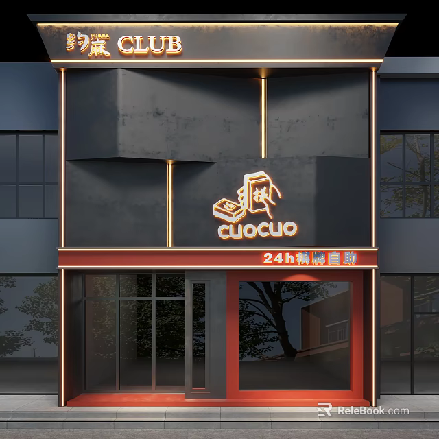 24 Hour Chess And Cards Club Modern Exterior With Lighting Red Accents 3d model 