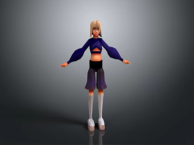 Blonde Woman in Blue Cropped Top Black Shorts with Purple Patterns White Socks Gray Background 3d model