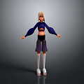 Blonde Woman in Blue Cropped Top Black Shorts with Purple Patterns White Socks Gray Background