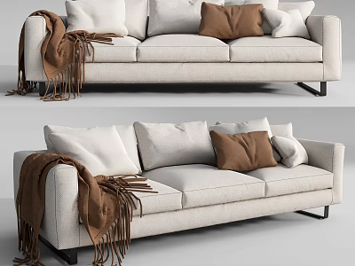 Beige Three Seater Sofa With White Brown Light Gray Cushions And Brown Tassel Blanket 3d model