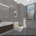Modern Public Washroom Interior With Light Green Cabinets Mirror Green Benches Decorative Paintings And Gray Tiles
