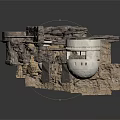 Abstract Modern Architectural Structure With Stacked Irregular Stone Blocks And White Cylinder