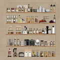 Spice Bottles and Jars on Kitchen Shelves with Various Kitchen Items