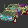Light Blue Pickup Truck With Red Roof Lights And Striped Seats On Reflective Surface