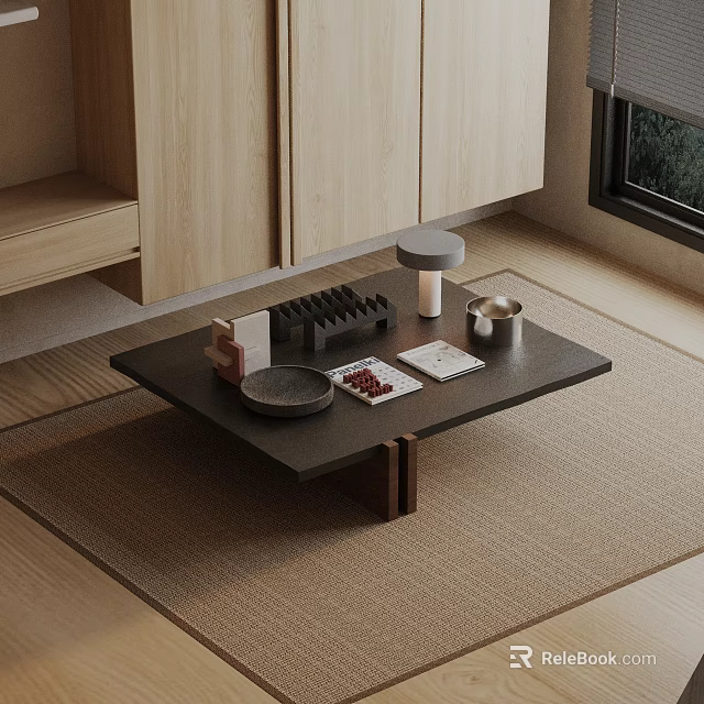 Modern Japanese Wooden Minimalist Sofa Coffee Table Set with Tea Set Tray Magazines Rug 3d model 