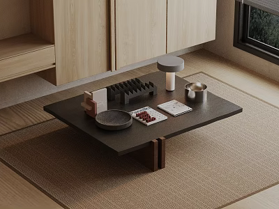 Modern Japanese Wooden Minimalist Sofa Coffee Table Set with Tea Set Tray Magazines Rug 3d model