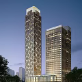 Two Modern Tall Office Towers With Glass Curtain Walls And Evening Lighting