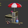 Mobile Street Food Cart With Red White Umbrella Grill And Blue Gas Cylinder
