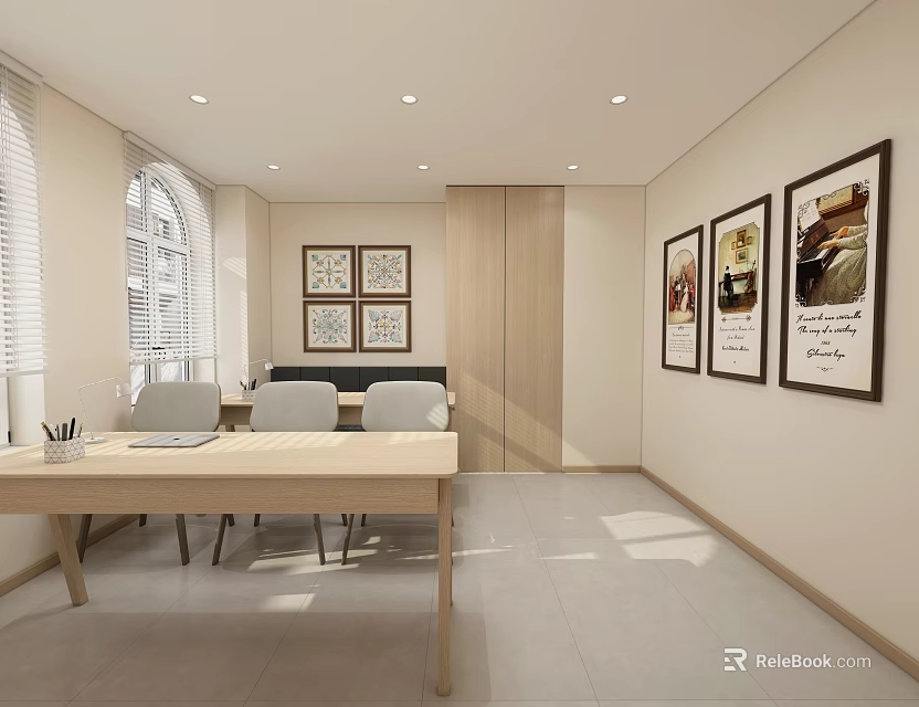 Minimalist Office Interior With Desk Chairs And Framed Art 3d model 