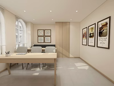 Minimalist Office Interior With Desk Chairs And Framed Art 3d model