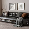Black Leather Sofa With Throw Pillows Blanket And Framed Botanical Prints In Living Room