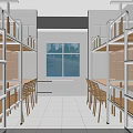 Spacious Dormitory Room With Bunk Beds Study Tables Chairs And Blue Door