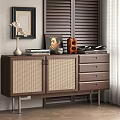 Modern Wooden Sideboard with Woven Doors Drawers and Metal Legs Adorned with Decorative Items