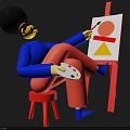 Cartoon Character With Palette Painting Red Circle And Yellow Triangle On Easel
