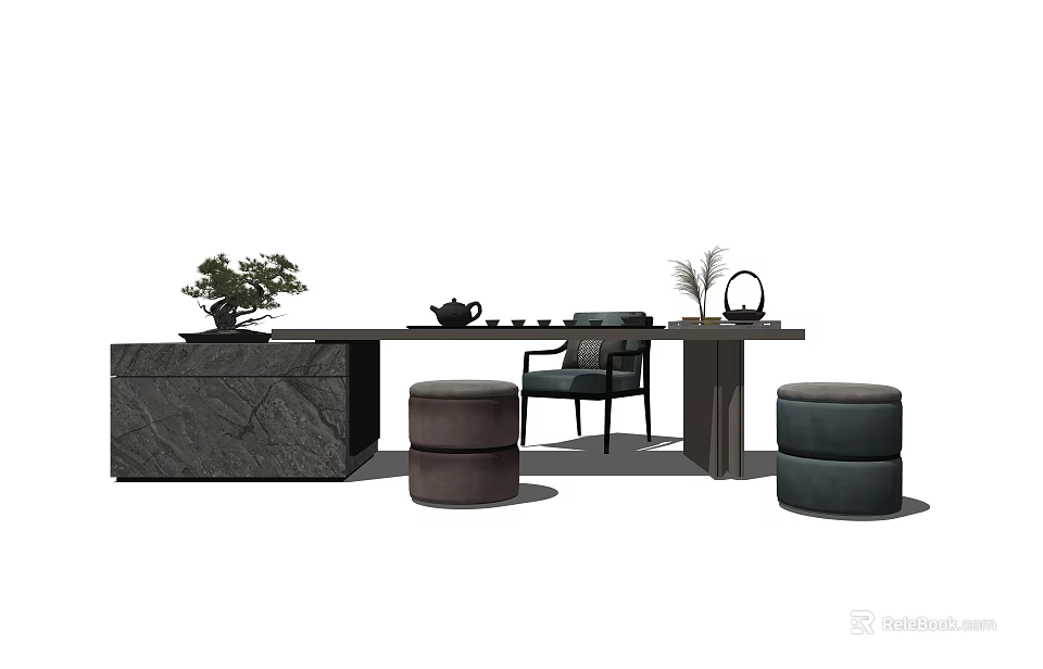 Modern Tea Table Set With Stone Top Chairs Stools And Potted Plant 3d model