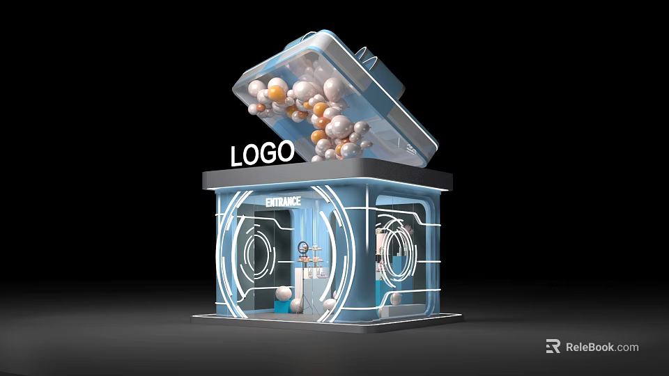 Modern Live Stream Studio With Open Top Colorful Spheres Entrance And Logo 3d model 