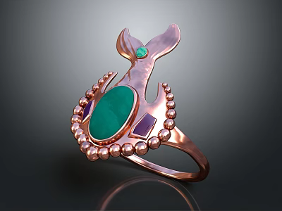 Copper Colored Ring With Fish Tail Design Green Oval Gemstone Small Beads And Purple Stones 3d model