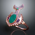 Copper Colored Ring With Fish Tail Design Green Oval Gemstone Small Beads And Purple Stones