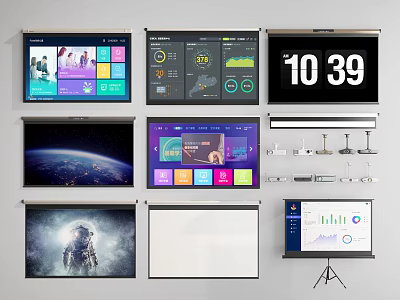 Projection Monitoring System Featuring Multiple Screens Data Dashboards Time Display And Equipment 3d model