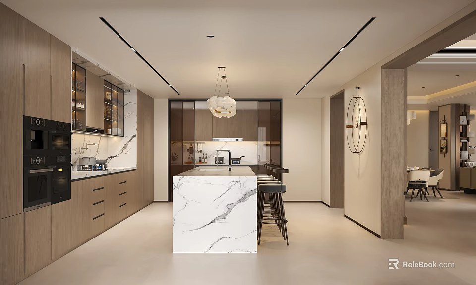 Modern Open Kitchen Interior With Marble Island Counter And Cabinets 3d model