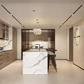 Modern Open Kitchen Interior With Marble Island Counter And Cabinets 3d model