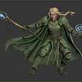 Fantasy Woman in Green Armor and Cloak Crouching with Blue Crystal Staff and Magic Orb