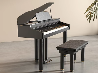 Black Grand Piano Entertainment Appliance With Wooden Bench In Modern Interior 3d model
