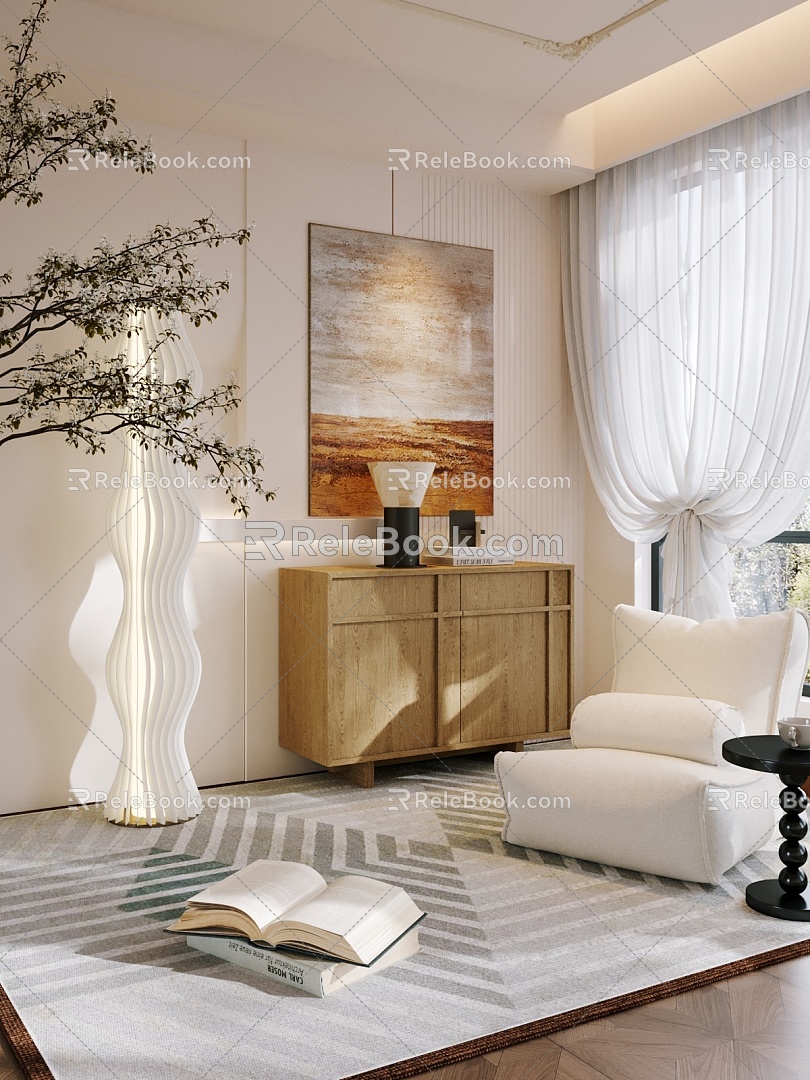 Middle Ancient Side Cabinet Decorative Cabinet Floor Lamp Carpet Curtain Hanging Picture 3d model