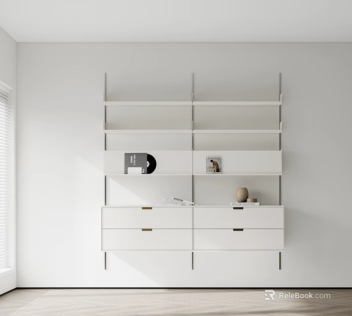 Modern White Bookshelf With Multiple Shelves Drawers Vinyl Record Photo And Small Decor Near Window 3d model 