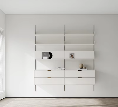 Modern White Bookshelf With Multiple Shelves Drawers Vinyl Record Photo And Small Decor Near Window 3d model