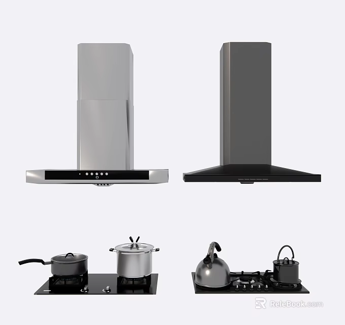 Silver And Black Kitchen Range Hoods With Pots Kettles On Stove Appliances 3d model 