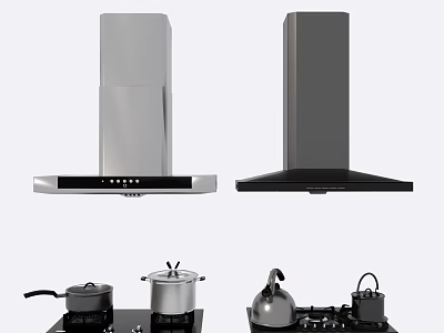 Silver And Black Kitchen Range Hoods With Pots Kettles On Stove Appliances 3d model
