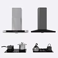 Silver And Black Kitchen Range Hoods With Pots Kettles On Stove Appliances