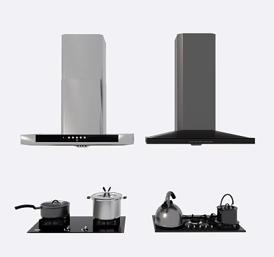Silver And Black Kitchen Range Hoods With Pots Kettles On Stove Appliances 3d model