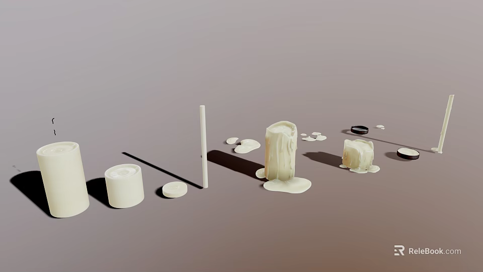Candle Arrangement With Melted Wax And Black Objects On Gray Surface 3d model 
