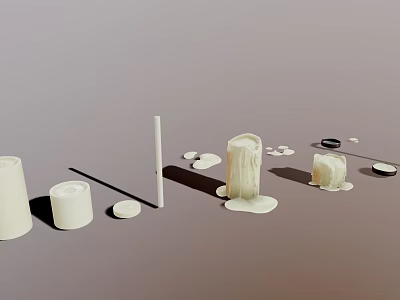Candle Arrangement With Melted Wax And Black Objects On Gray Surface 3d model