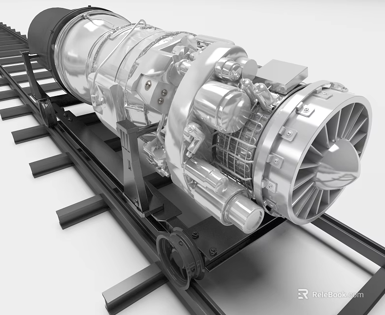 Industrial Turbine Engine Equipment With Mechanical Metal Components On Rail Track 3d model 