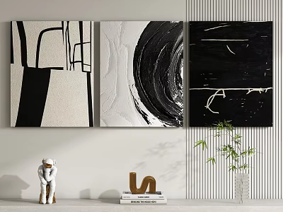 Black and White Abstract Paintings on Wall with Figurine Books Letter Decor and Green Plant 3d model