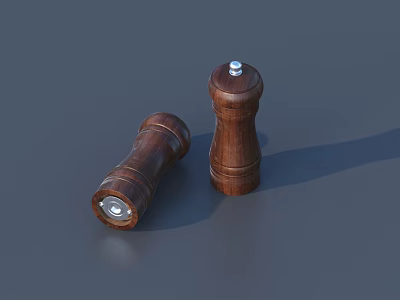 Two Wooden Pepper Grinders One Standing And One Tilted On Dark Background 3d model