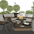 Modern Outdoor Sofa On Wooden Deck With Fire Pit Green Plants And Cozy Cushions