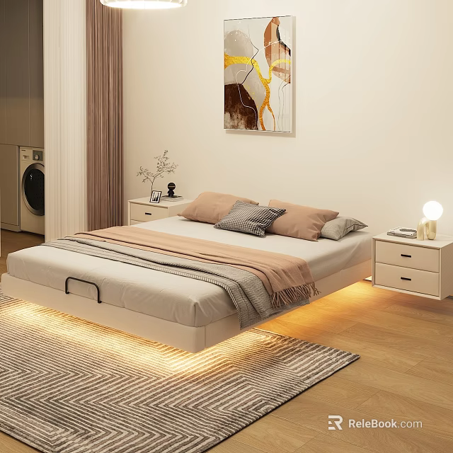 Modern Minimalist Double Bed with LED Lighting Nightstands and Wall Art on Wooden Floor 3d model 