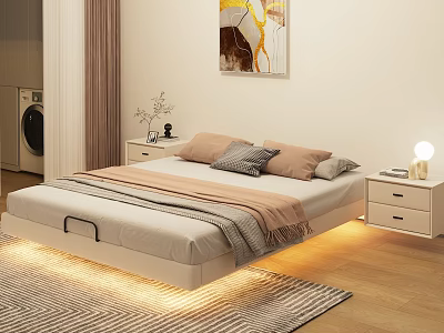 Modern Minimalist Double Bed with LED Lighting Nightstands and Wall Art on Wooden Floor 3d model