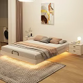 Modern Minimalist Double Bed with LED Lighting Nightstands and Wall Art on Wooden Floor