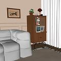 Stylish Brown Decorative Cabinet In Living Room With Glass Door Drawer And Potted Plant