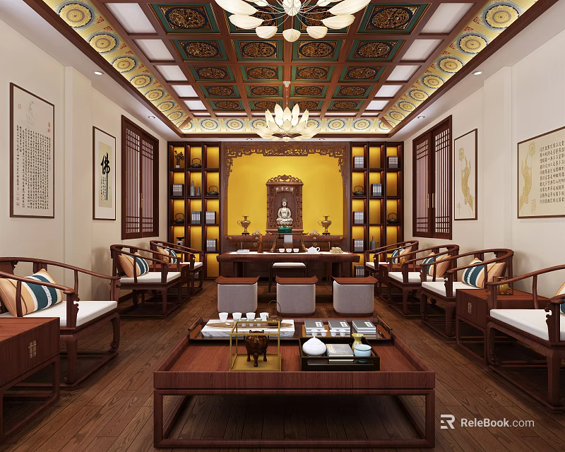 Traditional Chinese Leisure Area Interior With Wooden Furniture Bookshelves Chandelier And Tea Sets 3d model 